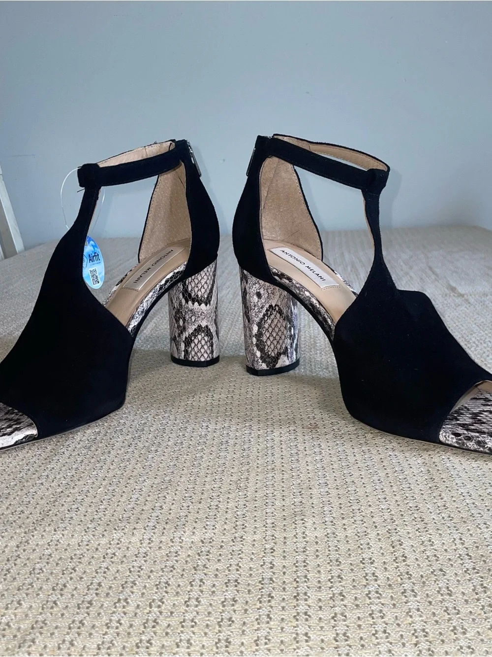 ANTONIO MELANI Black Suede Open-Toe Heels with Snake-Print Block Heel